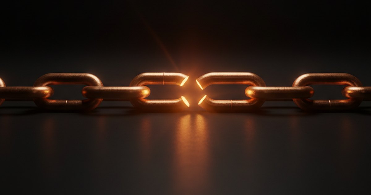 A chain of glowing links with one open link in the middle