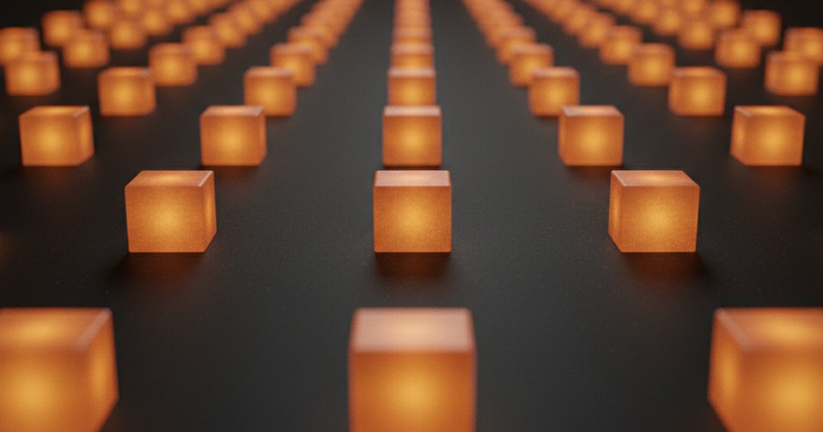 A long row of softly glowing cubes receding into darkness