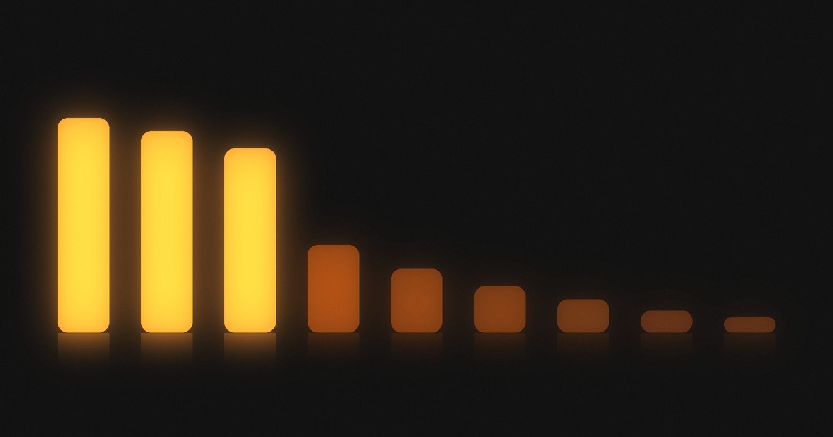 Nine glowing columns, the first three bright and the rest fading into the dark