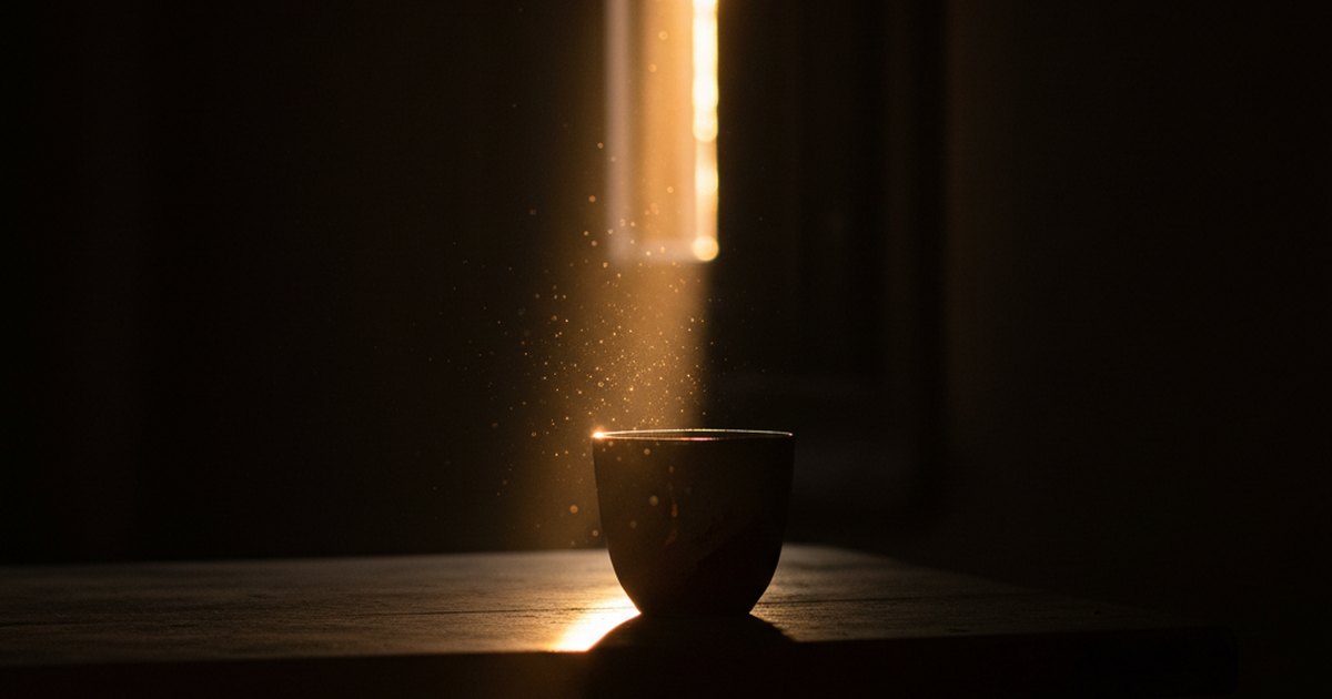 Early sunrise light falling through a narrow gap into a dark room