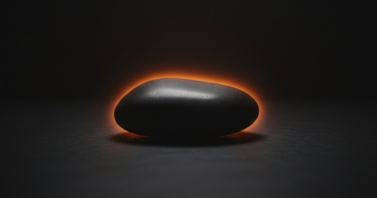A smooth black stone on a dark surface with a faint warm rim light